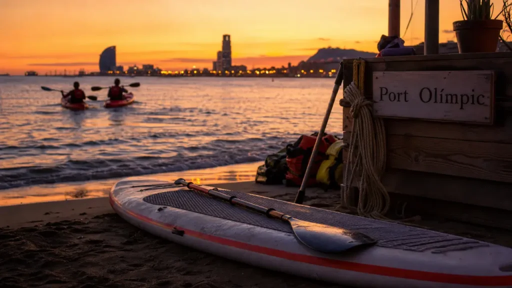 Activités nautiques barcelone : paddle sur sable humide près de la mer, kayaks au large, Port Olímpic