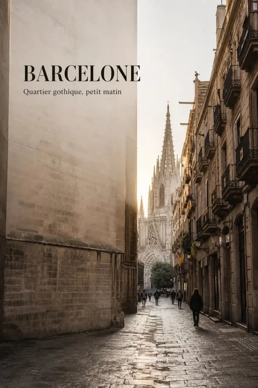Quartier gothique barcelone au petit matin avec ruelles médiévales et cathédrale en arrière-plan