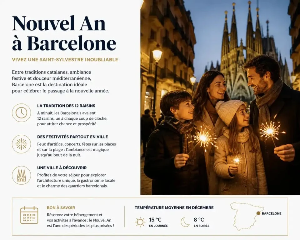 Famille célébrant le nouvel an à Barcelone dans une rue animée