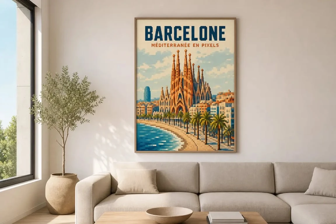 Pixel art Barcelone affiché dans un salon contemporain