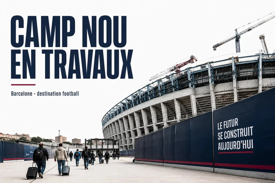 Visite du camp nou à Barcelone avec vue extérieure du stade en travaux
