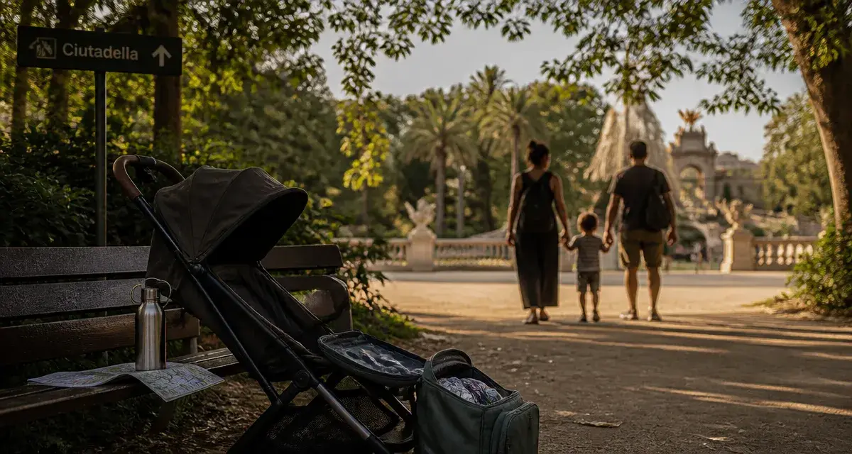 Famille barcelone au parc de la Ciutadella avec poussette