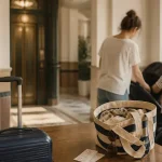 Hotel pour famille barcelone : mère et enfant près de l’hôtel, poussette et valise