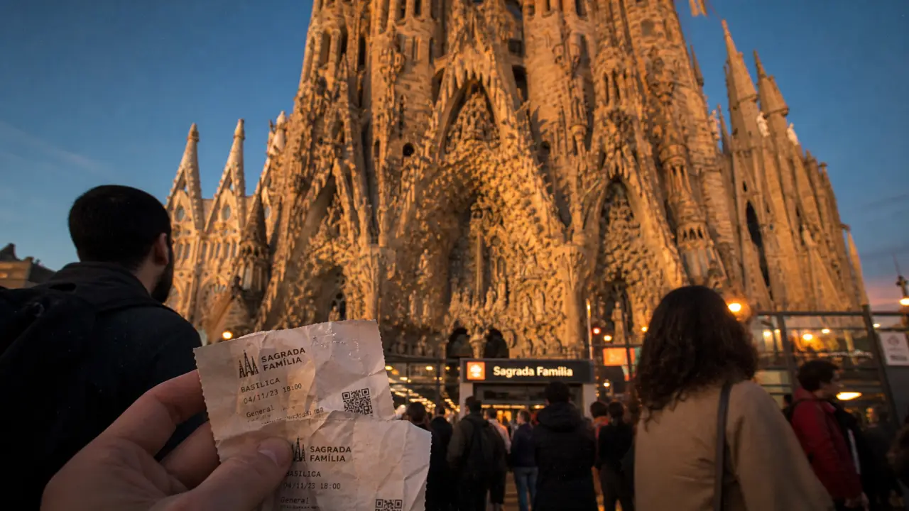 La sagrada familia à Barcelone : façade Nativité et billets en main au golden hour