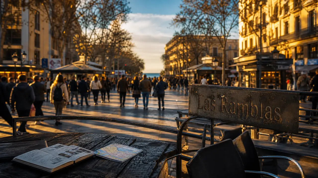 Photo des las ramblas à Barcelone, golden hour et foule floue