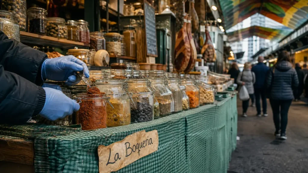 Marché barcelone La Boqueria : étals d’épices et fruits