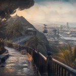 montjuic Barcelone : chemin, téléphérique et château au coucher du soleil