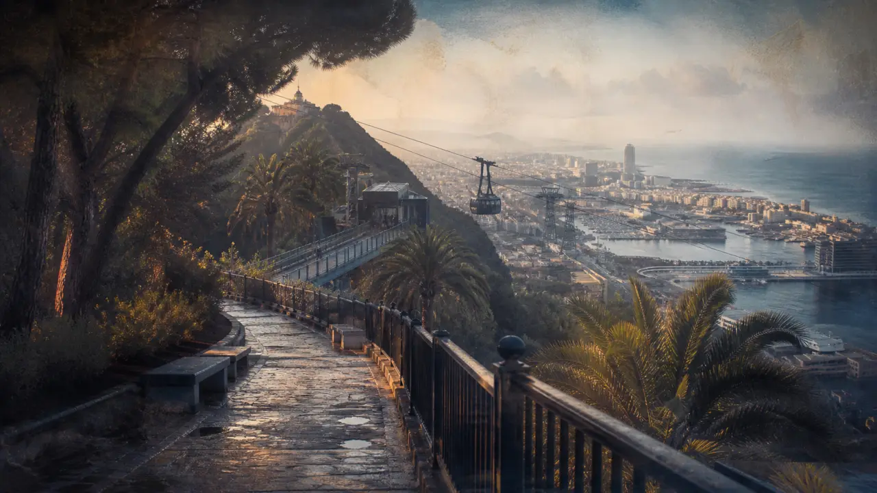 montjuic Barcelone : chemin, téléphérique et château au coucher du soleil