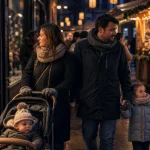 Nouvel an a barcelone en famille : famille avec poussette au Mercat de Nadal