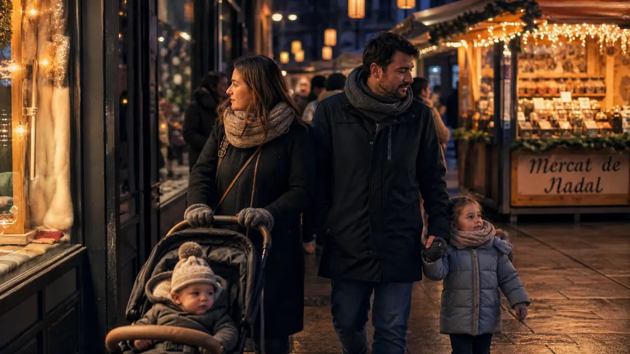 Nouvel an a barcelone en famille : famille avec poussette au Mercat de Nadal