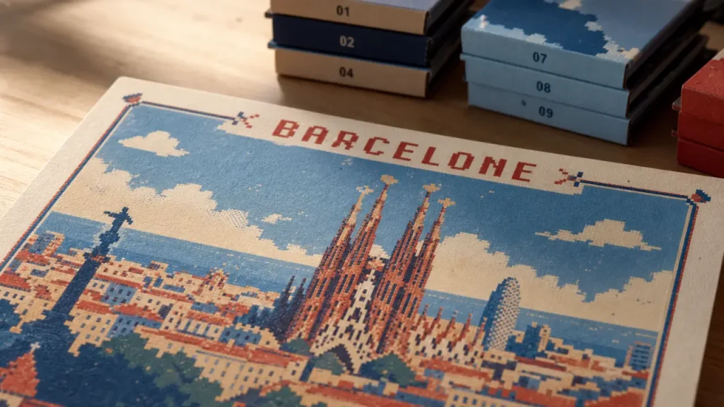 pixel art barcelone : affiche risographie et art mural à assembler