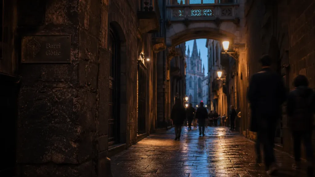 Quartier gothique barcelone : ruelle du Barri Gòtic et cathédrale Sainte-Croix