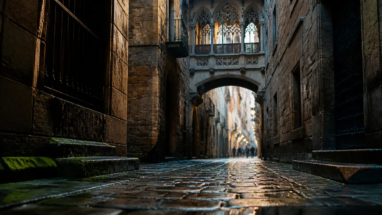 Quartier gothique barcelone : ruelle étroite, pierre humide et pont néogothique