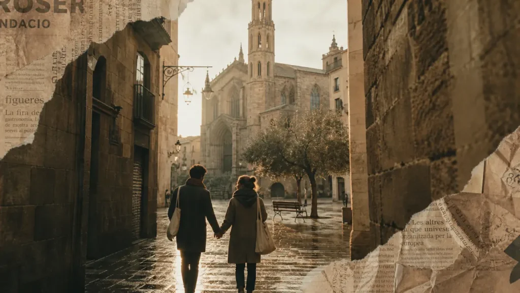 Que faire en amoureux a Barcelone : couple dans le Born, vue sur Santa Maria del Mar