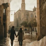 Que faire en amoureux a Barcelone : couple dans le Born, vue sur Santa Maria del Mar