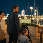 Que faire le soir a Barcelone en famille : Port Vell en soirée, famille en promenade