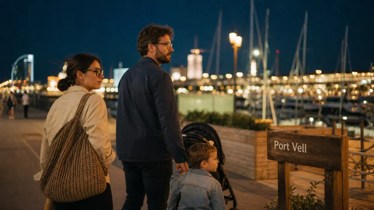 Que faire le soir a Barcelone en famille : Port Vell en soirée, famille en promenade