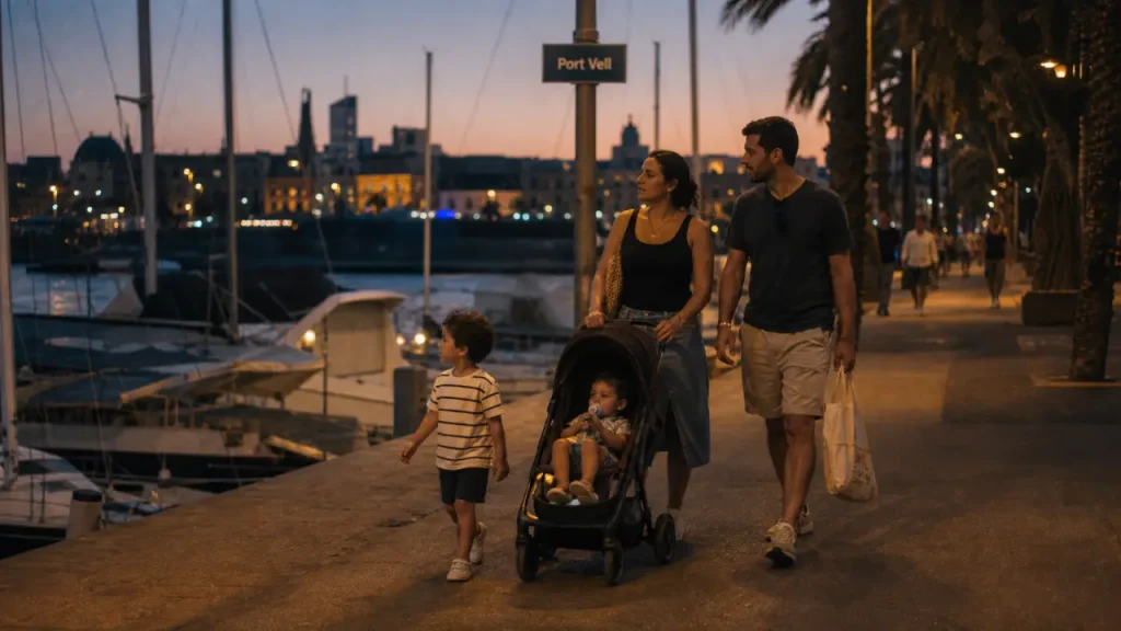 Que faire le soir a Barcelone en famille : promenade Port Vell au crépuscule, famille et enfants