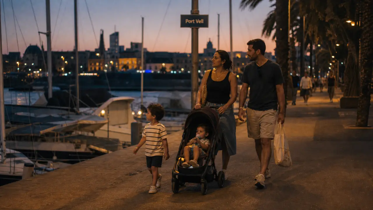 Que faire le soir a Barcelone en famille : promenade Port Vell au crépuscule, famille et enfants