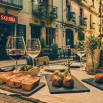 Terrasse de restaurant à Gràcia, Barcelone, tapas et verres