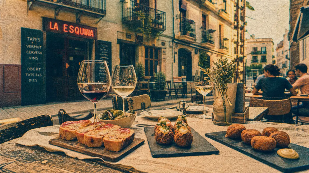 Terrasse de restaurant à Gràcia, Barcelone, tapas et verres
