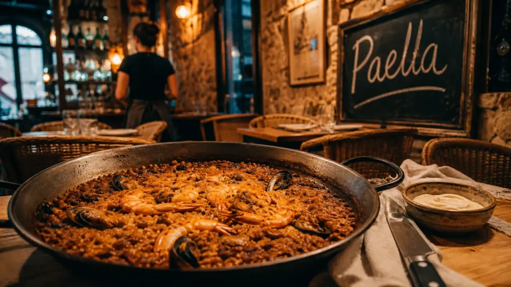 Restaurants paella barcelone : grande poêlée de paella sur table