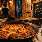 Restaurants paella barcelone : grande poêlée de paella sur table