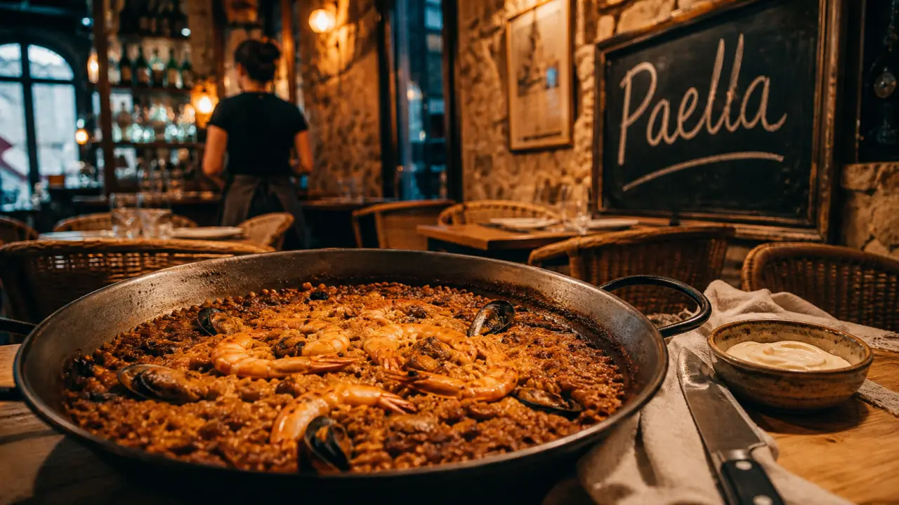 Restaurants paella barcelone : grande poêlée de paella sur table