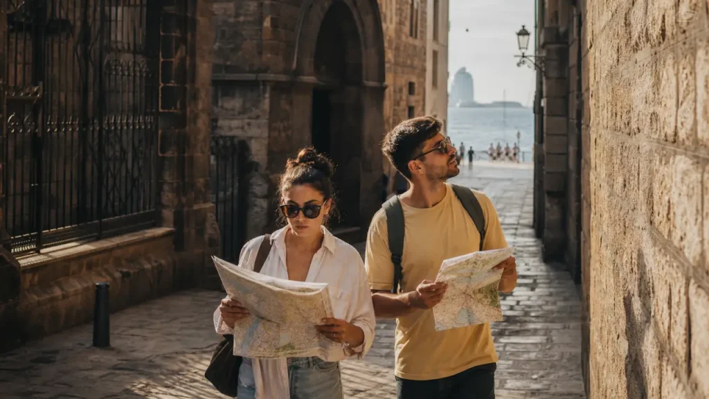 Visiter Barcelone en 2 jours : ruelle du Quartier gothique, couple en fin d’après-midi