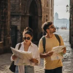 Visiter Barcelone en 2 jours : ruelle du Quartier gothique, couple en fin d’après-midi