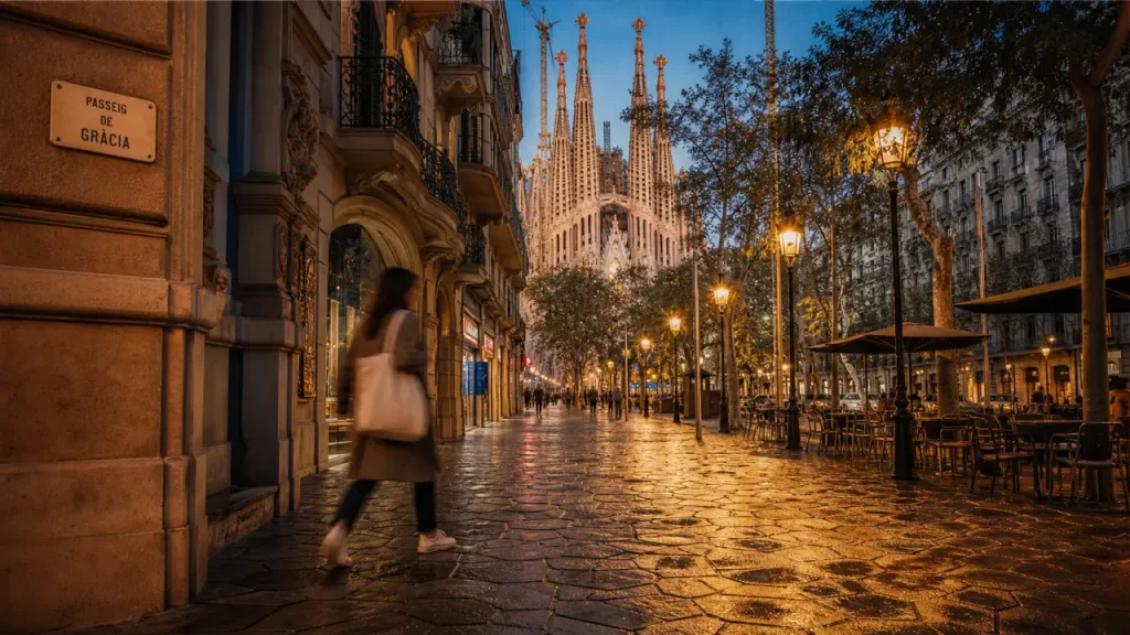 Visiter barcelone en un jour : chemin vers la Sagrada Família, passerelle piétonne à Gaudí à la lumière dorée
