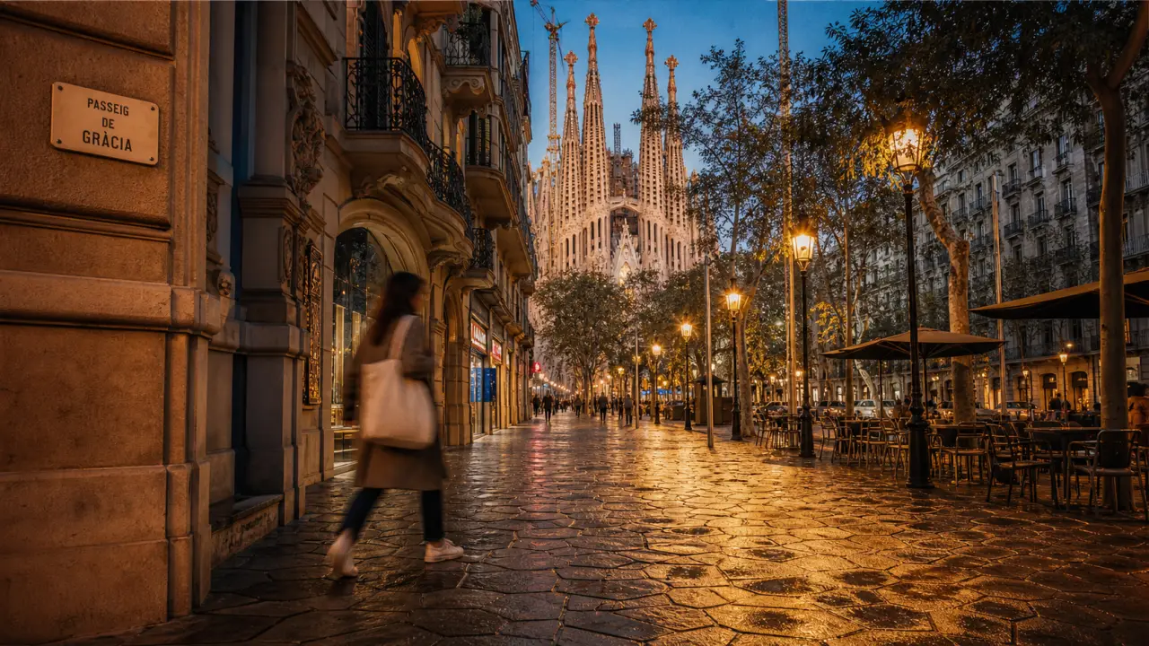 Visiter barcelone en un jour : chemin vers la Sagrada Família, passerelle piétonne à Gaudí à la lumière dorée