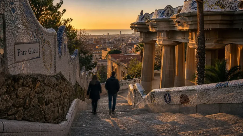 Visiter parc guell barcelone : escalier en pierre et mosaïques trencadís