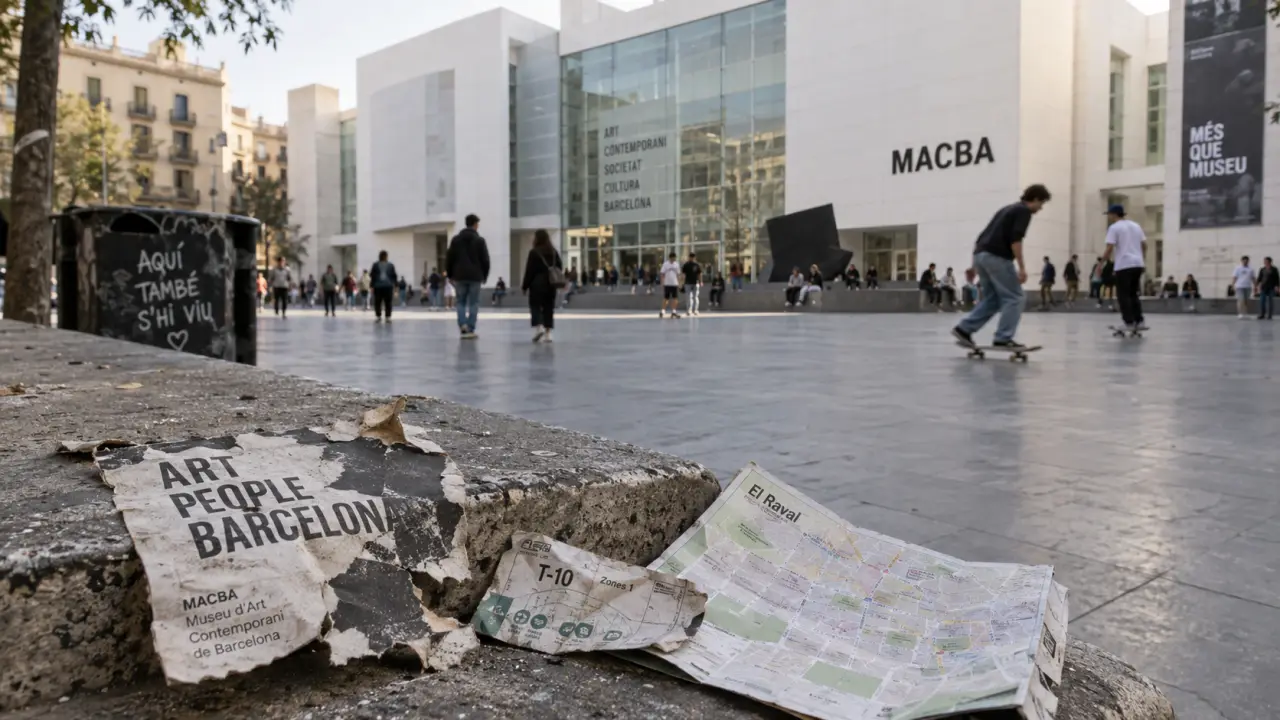 Art contemporain barcelone : MACBA, rue du Raval, affiche sur banc