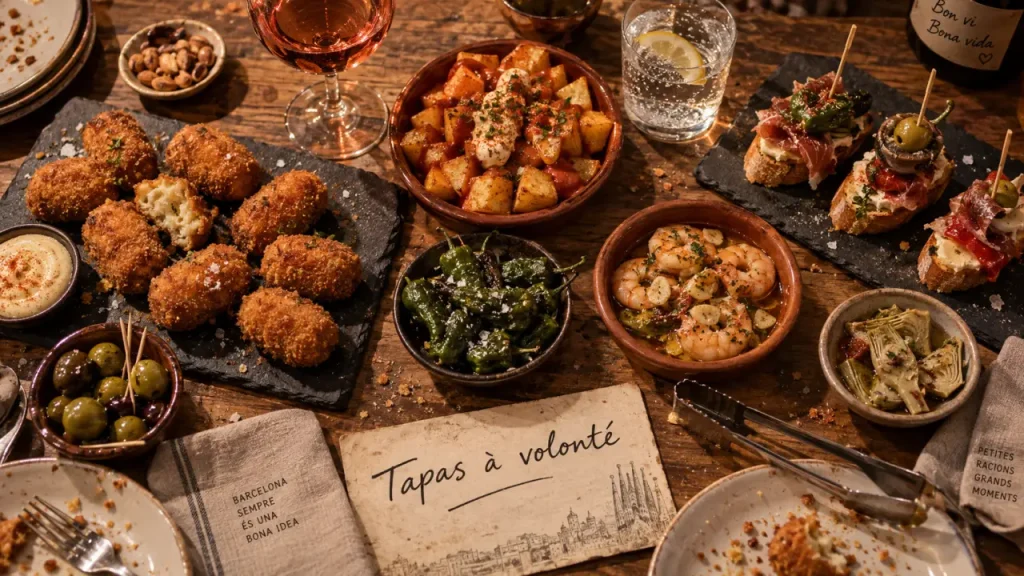 Buffet tapas barcelone, croquetas et pinchos sur table