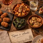 Buffet tapas barcelone, croquetas et pinchos sur table