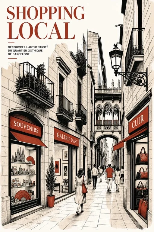 Shopping quartier gothique Barcelone dans une ruelle médiévale avec boutiques indépendantes et vitrines de souvenirs