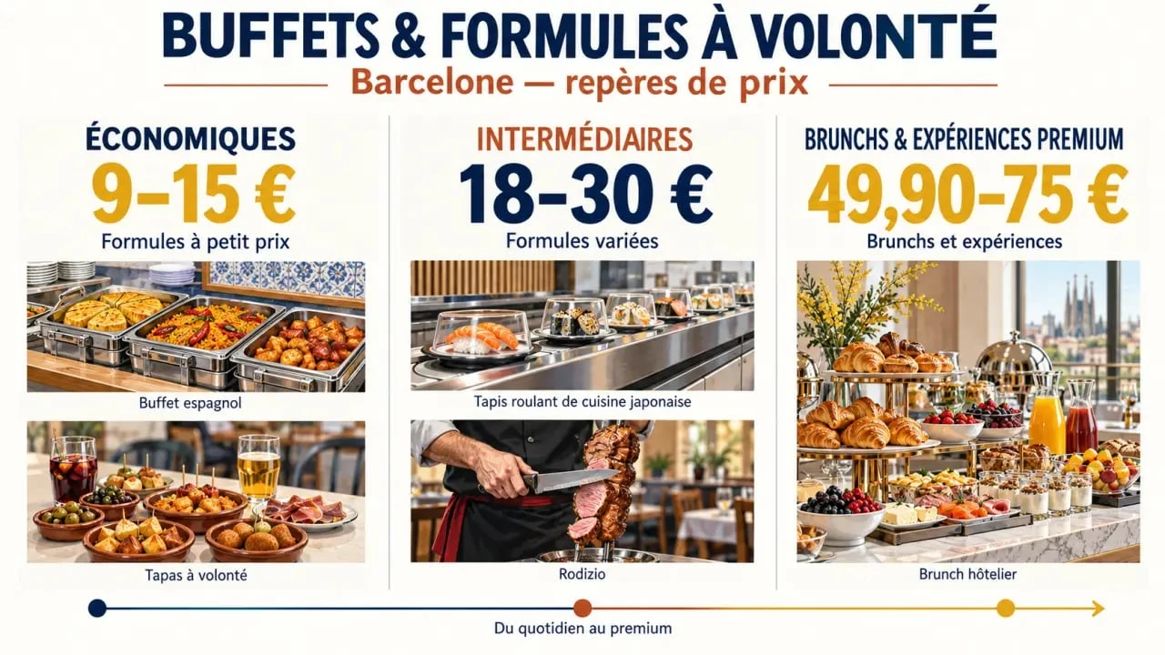 Buffet tapas Barcelone : comparaison visuelle des formules à volonté et des budgets