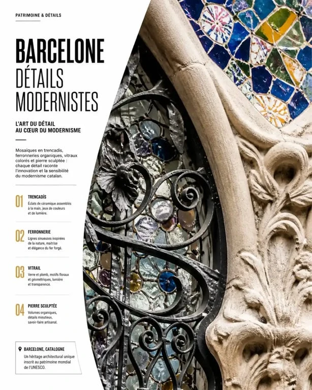 Art deco Barcelone : détails de trencadís et ferronnerie moderniste à Barcelone