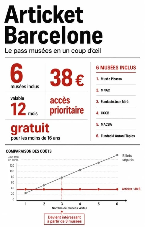Art ticket Barcelone : pass muséal pour 6 musées, 38 € et validité 12 mois
