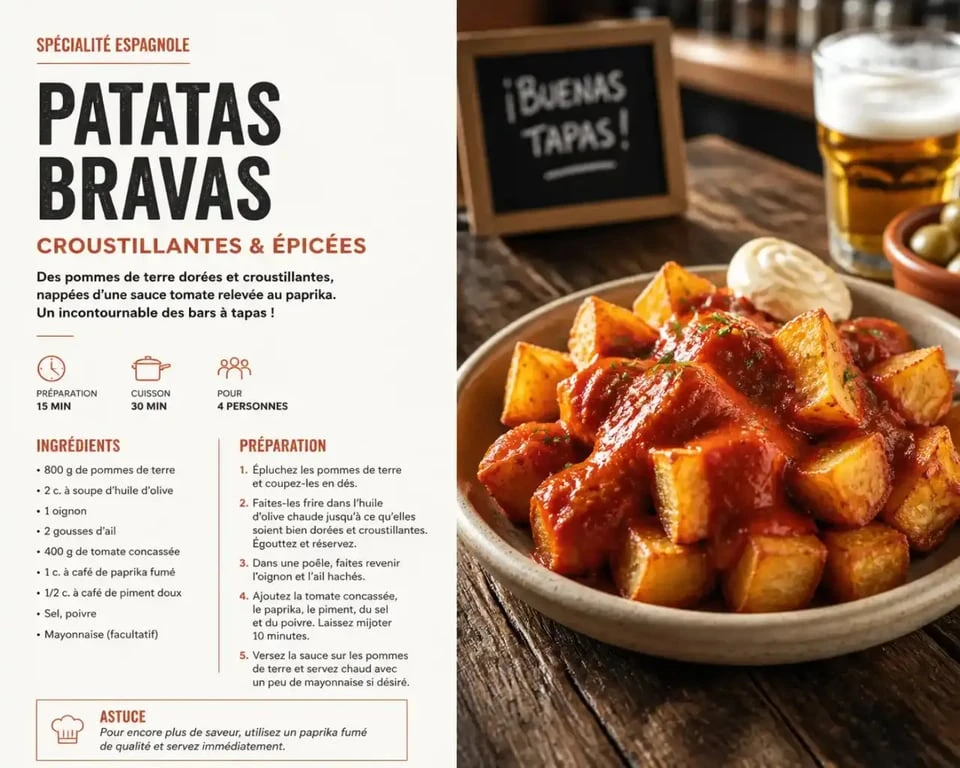 Recette des authentiques patatas bravas dans un bar à tapas à Barcelone