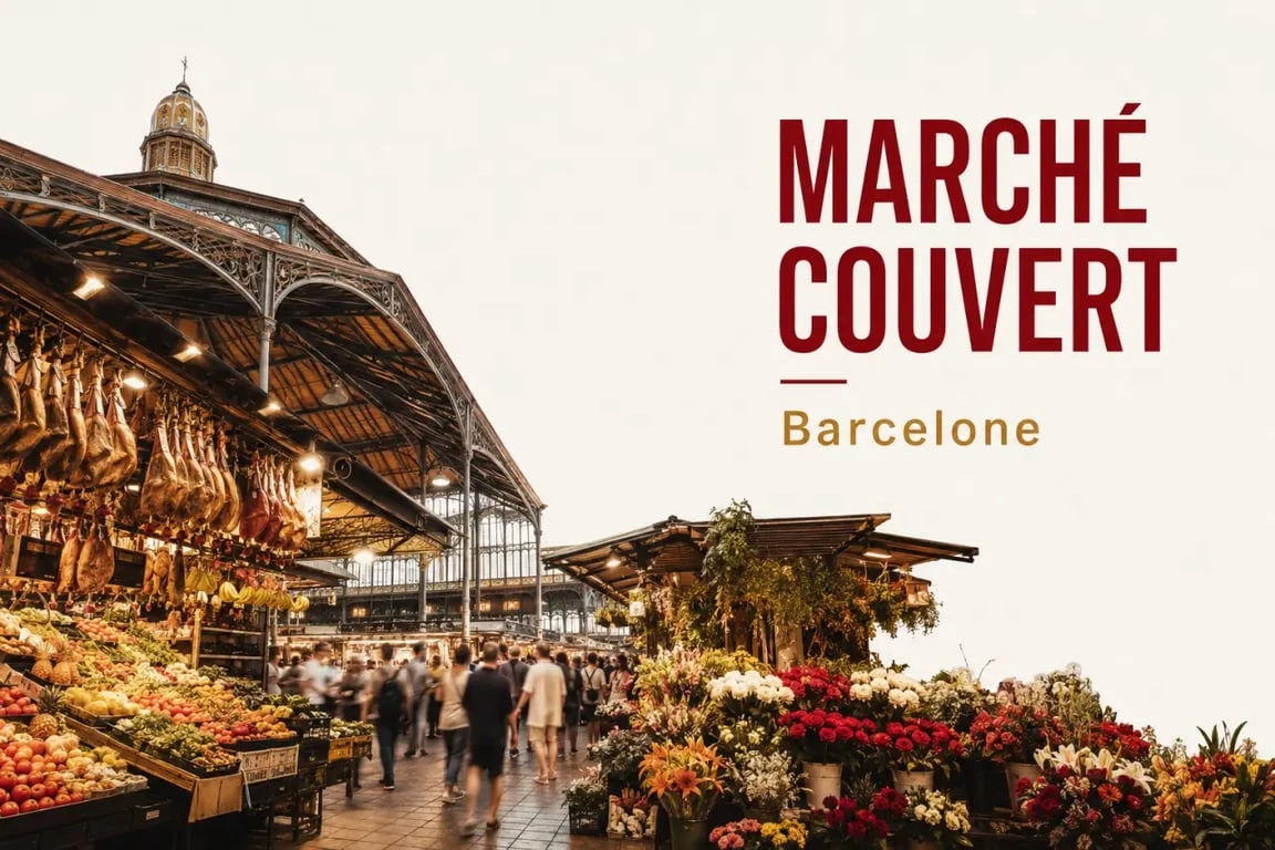 Les marchés de Barcelone dans une vue éditoriale d’un marché couvert avec étals colorés et architecture catalane