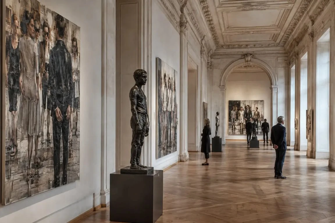 Salle d’exposition du Musée européen d’art moderne de Barcelone avec peintures et sculptures figuratives