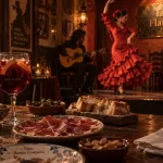 Flamenco tapas barcelone : intérieur tablao, sangria et danseuse en robe rouge