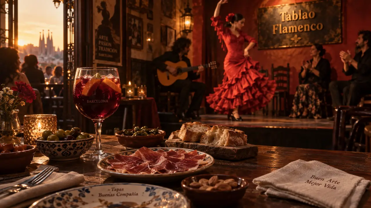 Flamenco tapas barcelone : intérieur tablao, sangria et danseuse en robe rouge