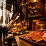 Marché tapas barcelone à la Boqueria, golden hour, jambon et comptoir