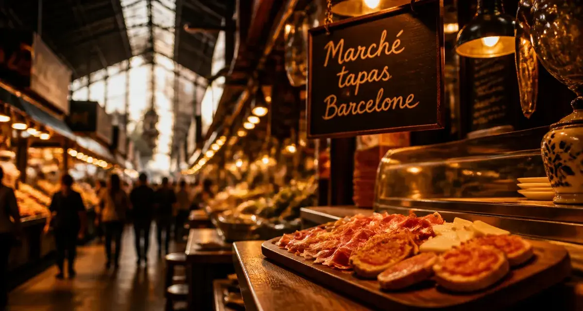 Marché tapas barcelone à la Boqueria, golden hour, jambon et comptoir
