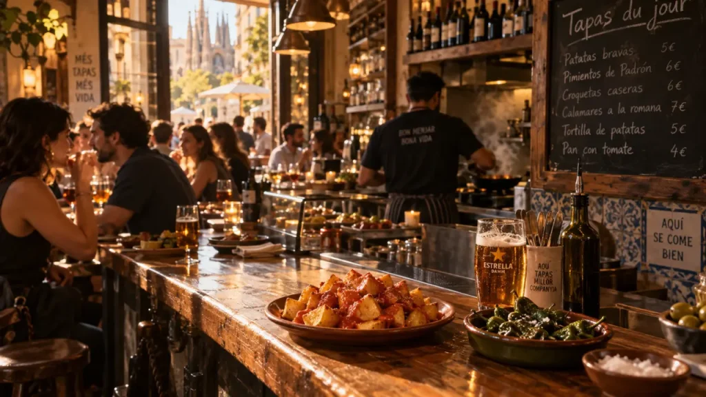 Petit tapas barcelone : patatas bravas et pimientos de Padrón, bar à tapas à Barcelone