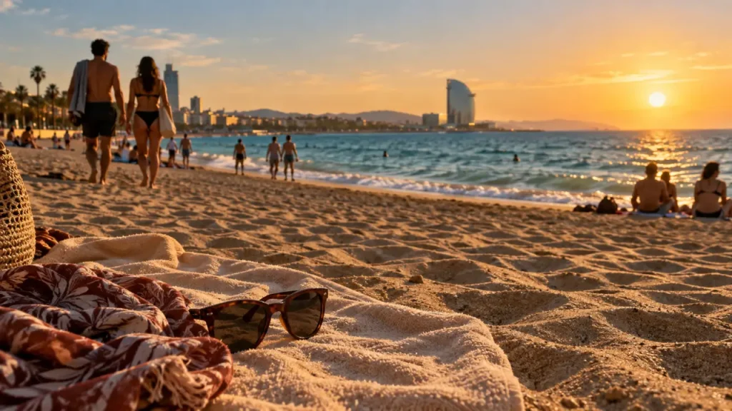 Plages nudistes Barcelone : serviette sur sable et mer Méditerranée