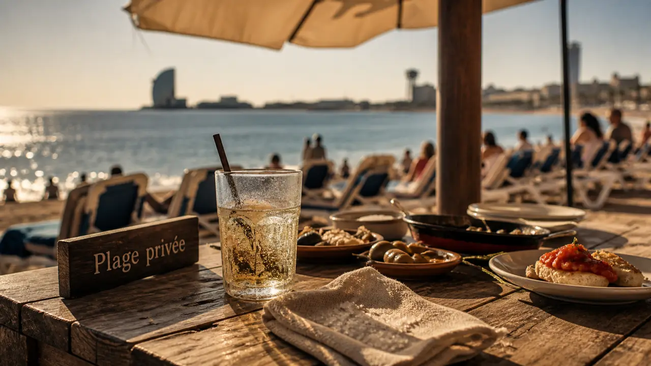 Plages privées Barcelone : table tapas sur la plage, caña et transats